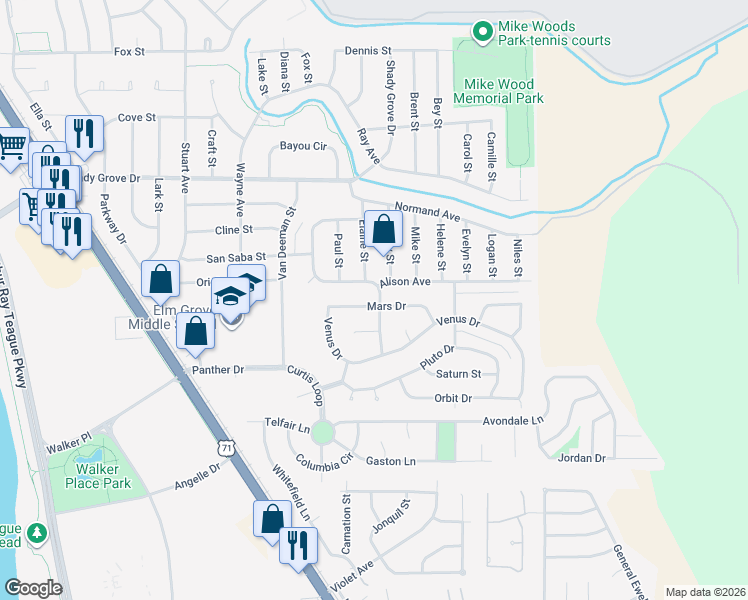 map of restaurants, bars, coffee shops, grocery stores, and more near 1901 Mars Drive in Bossier City