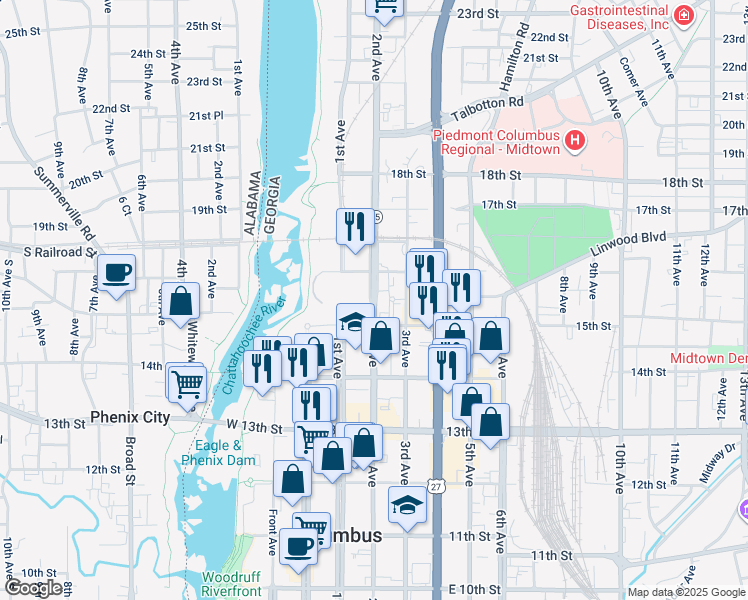 map of restaurants, bars, coffee shops, grocery stores, and more near 1534 2nd Avenue in Columbus