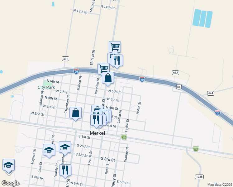 map of restaurants, bars, coffee shops, grocery stores, and more near 905 North 6th Street in Merkel