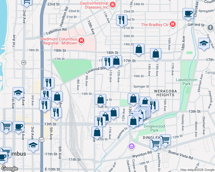 map of restaurants, bars, coffee shops, grocery stores, and more near 1031 15th Street in Columbus