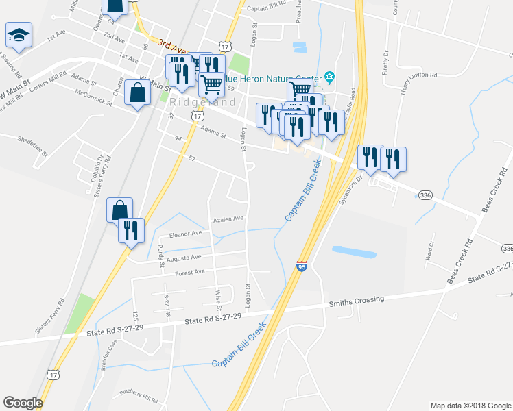 map of restaurants, bars, coffee shops, grocery stores, and more near 226 Logan Street in Ridgeland