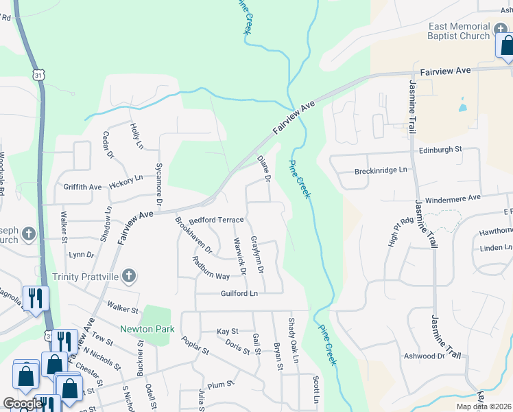 map of restaurants, bars, coffee shops, grocery stores, and more near 104 Rosewood Drive in Prattville