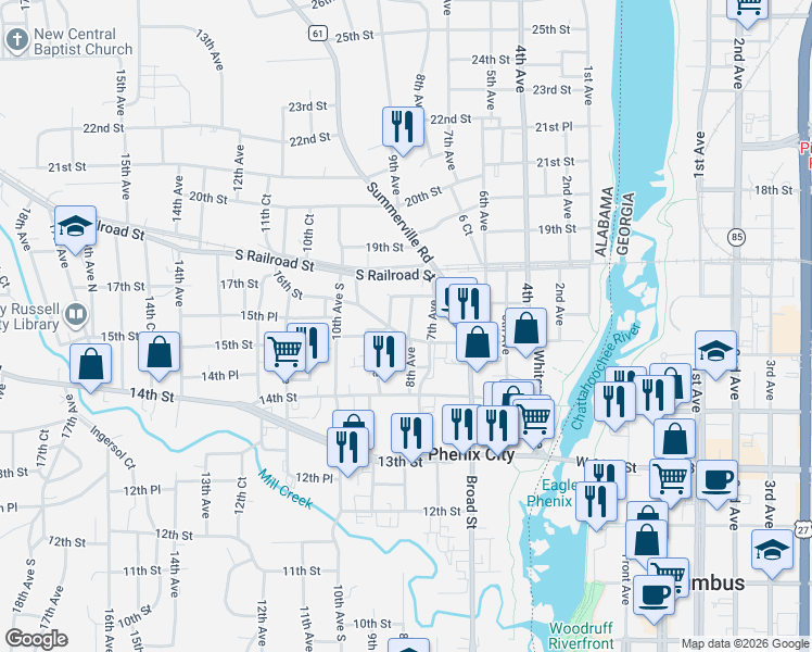 map of restaurants, bars, coffee shops, grocery stores, and more near 800 16th Street in Phenix City