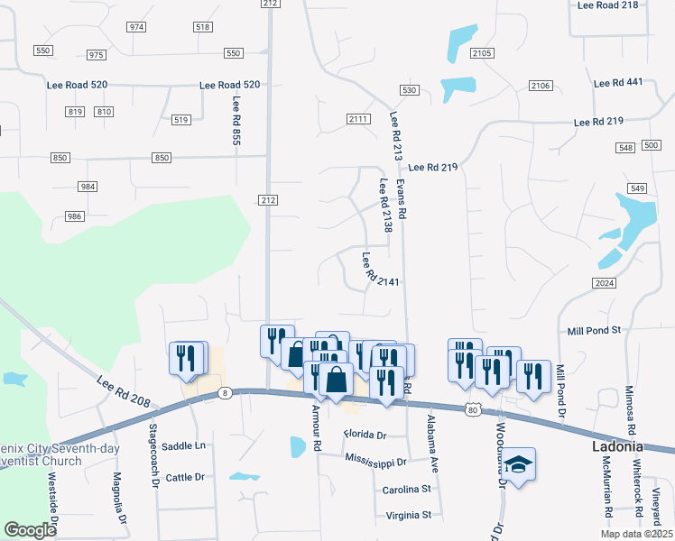 map of restaurants, bars, coffee shops, grocery stores, and more near 96 Lee Road 2143 in Phenix City