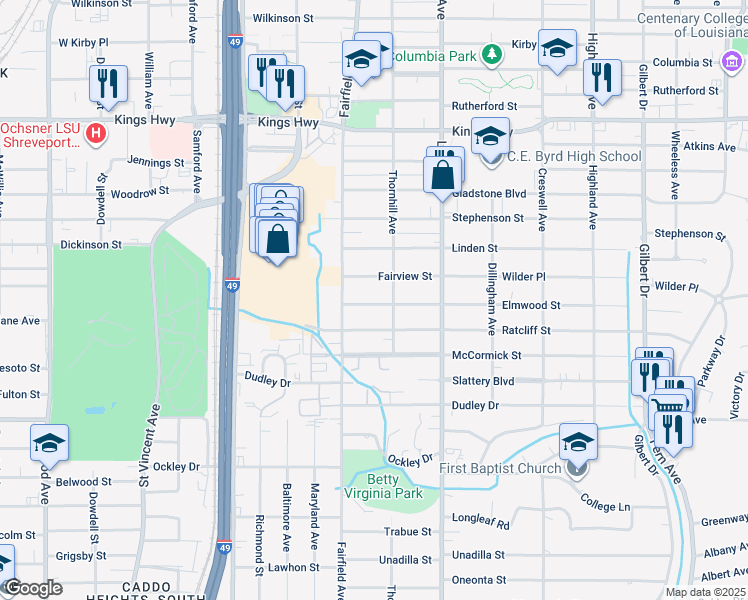 map of restaurants, bars, coffee shops, grocery stores, and more near 928 Elmwood Street in Shreveport