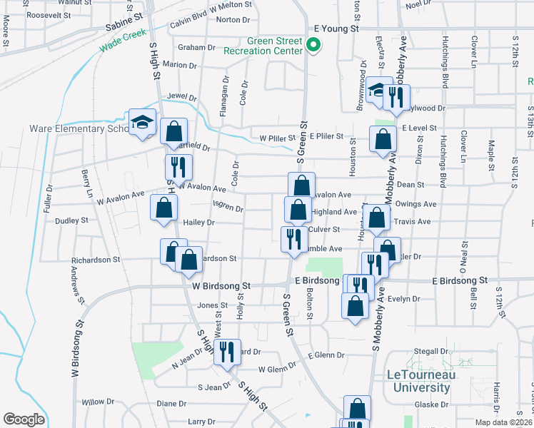 map of restaurants, bars, coffee shops, grocery stores, and more near 102 West Highland Avenue in Longview