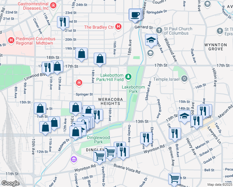 map of restaurants, bars, coffee shops, grocery stores, and more near 1512 16th Avenue in Columbus