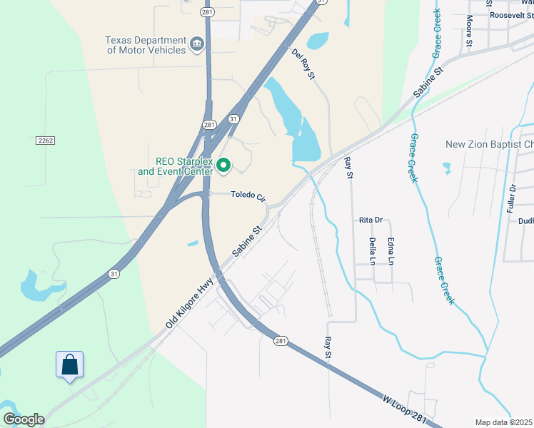 map of restaurants, bars, coffee shops, grocery stores, and more near 1101-1197 West Sabine Street in Longview