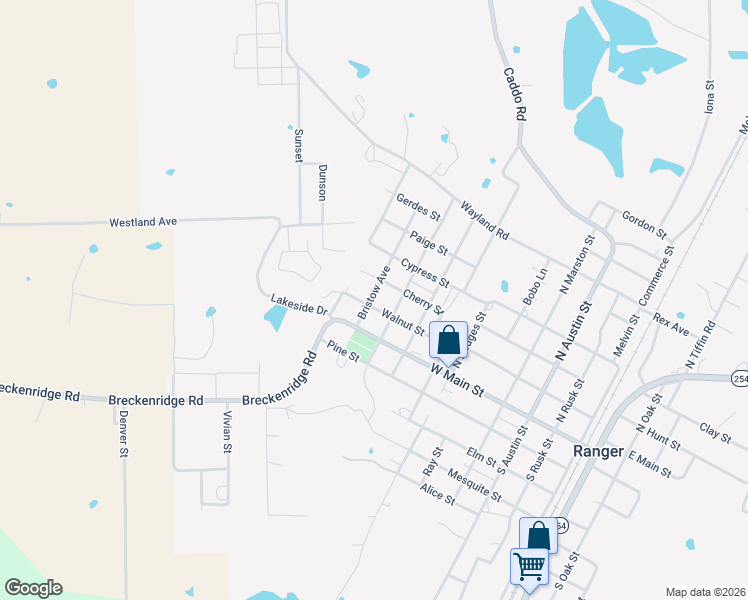 map of restaurants, bars, coffee shops, grocery stores, and more near 201 North Homer Avenue in Ranger