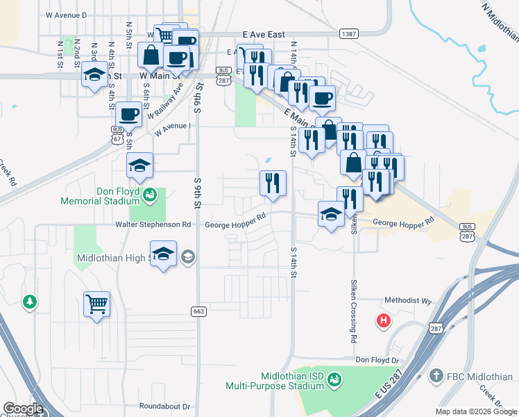 map of restaurants, bars, coffee shops, grocery stores, and more near 317 George Hopper Road in Midlothian