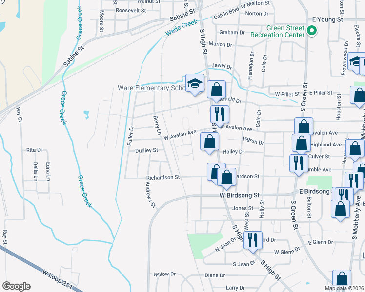 map of restaurants, bars, coffee shops, grocery stores, and more near 600 West Avalon Avenue in Longview