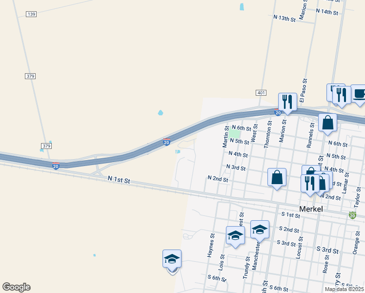 map of restaurants, bars, coffee shops, grocery stores, and more near 10179 Interstate 20 in Merkel