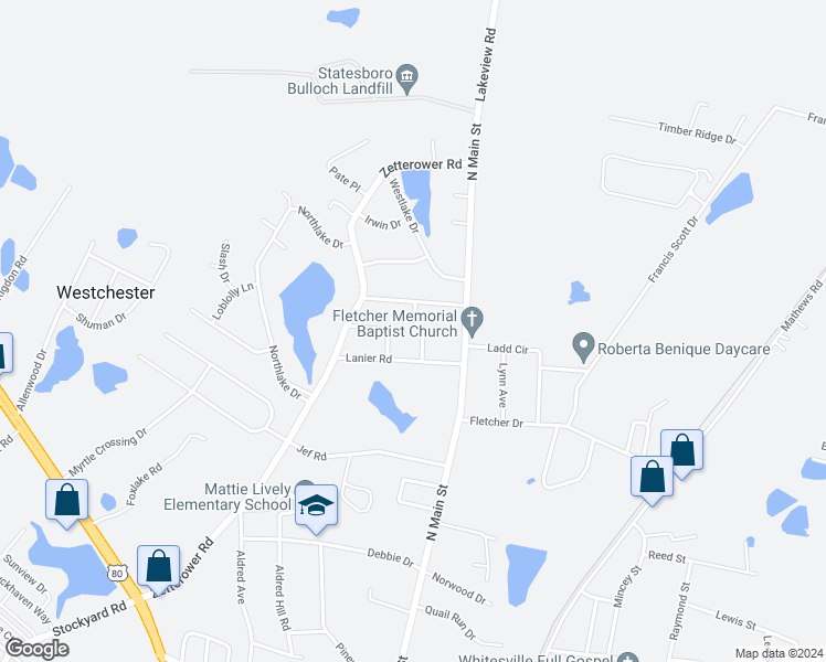 map of restaurants, bars, coffee shops, grocery stores, and more near 105 Springdale Road in Statesboro