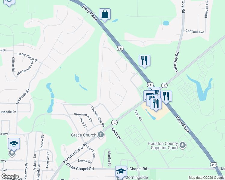 map of restaurants, bars, coffee shops, grocery stores, and more near 110 Wainscott Court in Perry