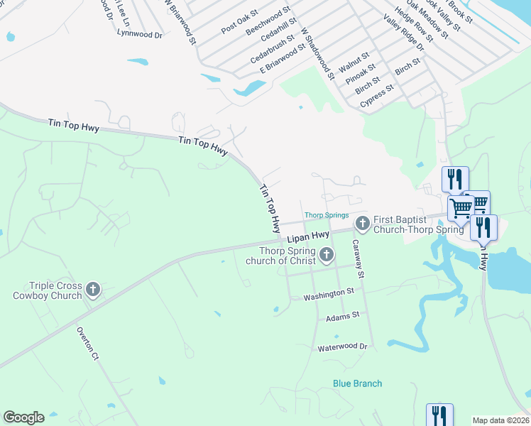 map of restaurants, bars, coffee shops, grocery stores, and more near 3305 Tin Top Highway in Granbury