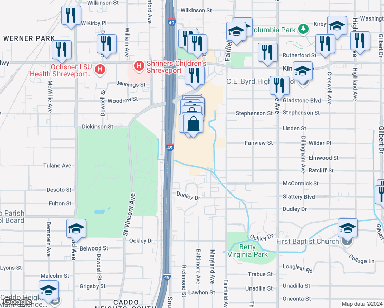 map of restaurants, bars, coffee shops, grocery stores, and more near 3601 Southern Avenue in Shreveport
