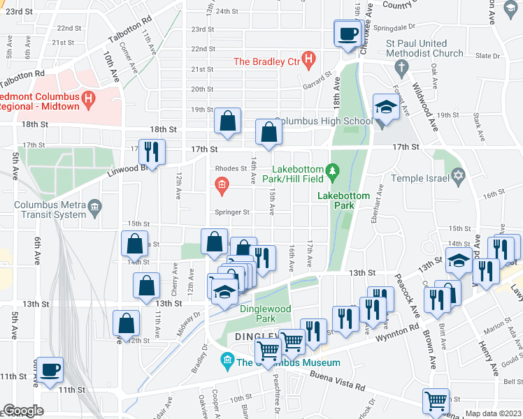 map of restaurants, bars, coffee shops, grocery stores, and more near 1409 Springer Street in Columbus