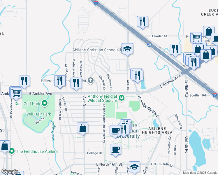 map of restaurants, bars, coffee shops, grocery stores, and more near 2406 Rountree Drive in Abilene