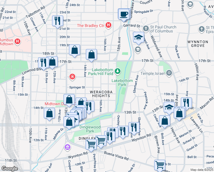 map of restaurants, bars, coffee shops, grocery stores, and more near 1620 Springer Street in Columbus