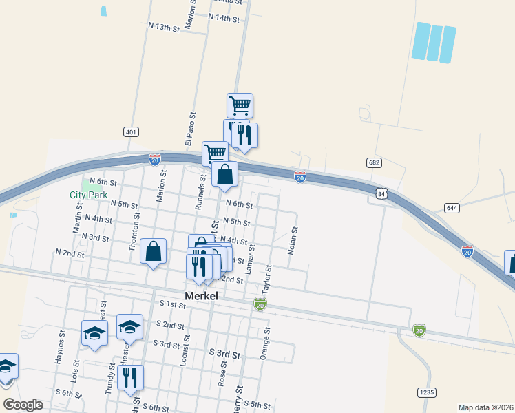 map of restaurants, bars, coffee shops, grocery stores, and more near 905 North 6th Street in Merkel