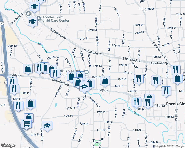 map of restaurants, bars, coffee shops, grocery stores, and more near 1504 15th Street in Phenix City