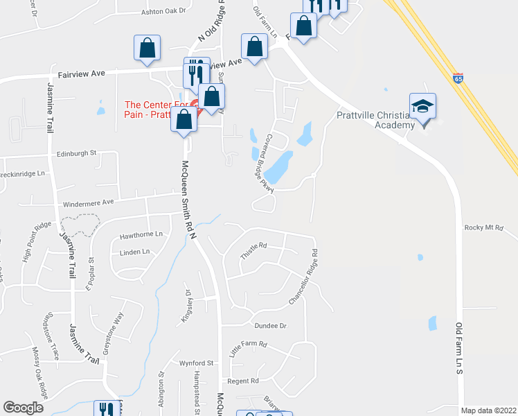 map of restaurants, bars, coffee shops, grocery stores, and more near 597 Covered Bridge Parkway in Prattville
