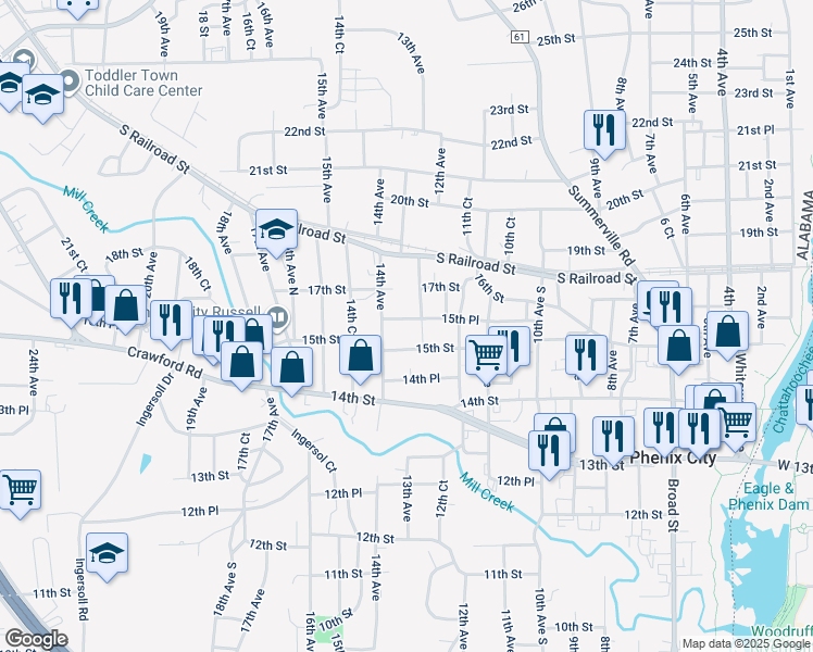 map of restaurants, bars, coffee shops, grocery stores, and more near 1307 15th Place in Phenix City