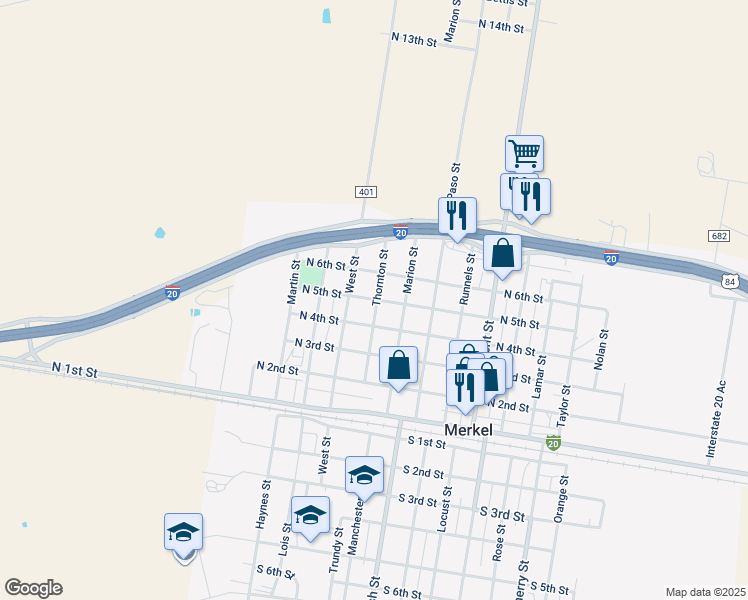 map of restaurants, bars, coffee shops, grocery stores, and more near 1510 North 5th Street in Merkel