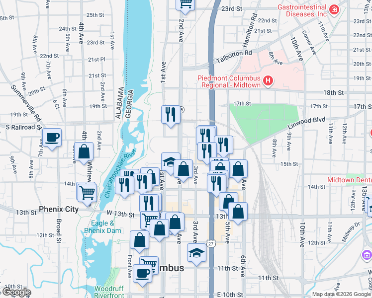 map of restaurants, bars, coffee shops, grocery stores, and more near 1524 2nd Avenue in Columbus
