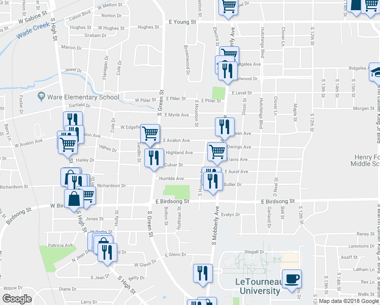 map of restaurants, bars, coffee shops, grocery stores, and more near 217 East Highland Avenue in Longview