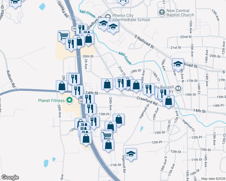map of restaurants, bars, coffee shops, grocery stores, and more near 2310 Crawford Road in Phenix City