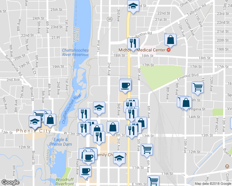 map of restaurants, bars, coffee shops, grocery stores, and more near 1523 3rd Avenue in Columbus