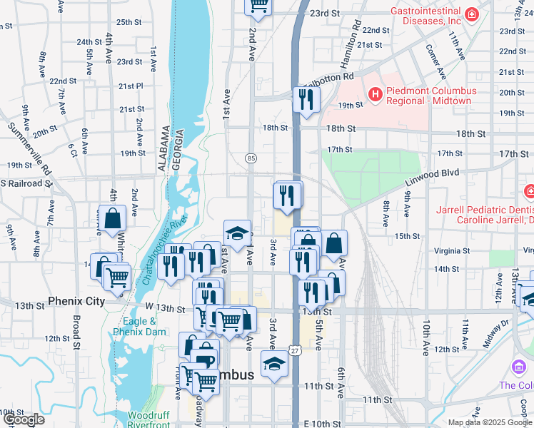 map of restaurants, bars, coffee shops, grocery stores, and more near 1523 3rd Avenue in Columbus