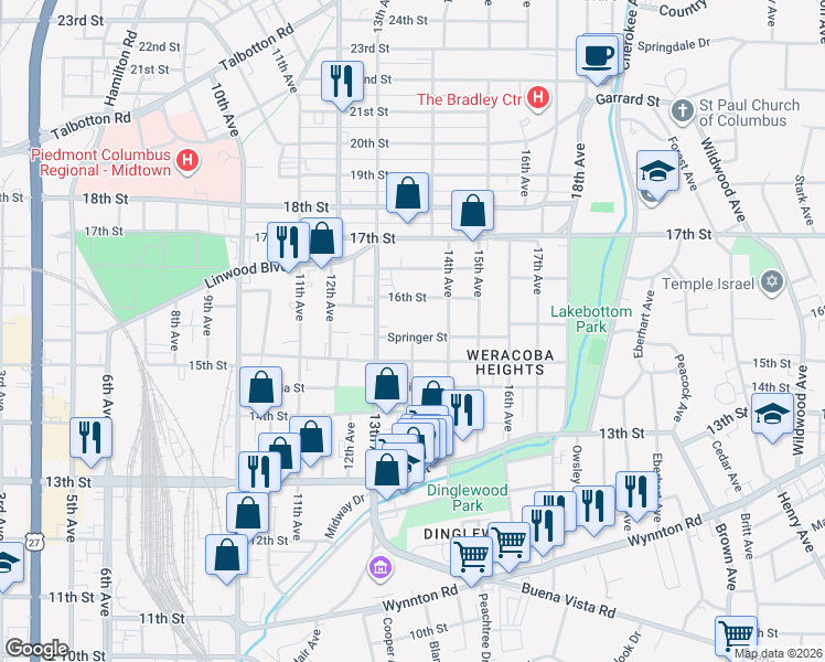 map of restaurants, bars, coffee shops, grocery stores, and more near 1320 Springer Street in Columbus