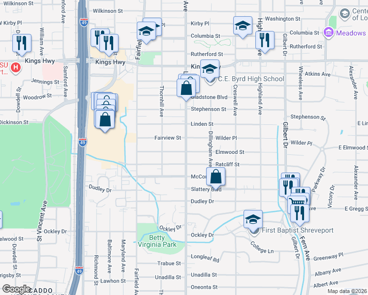 map of restaurants, bars, coffee shops, grocery stores, and more near 753 Elmwood Street in Shreveport