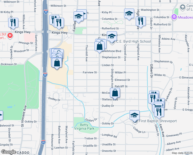 map of restaurants, bars, coffee shops, grocery stores, and more near 823 Elmwood Street in Shreveport