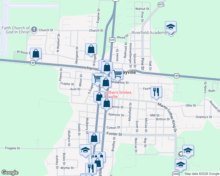 map of restaurants, bars, coffee shops, grocery stores, and more near 813 North Louisa Street in Rayville