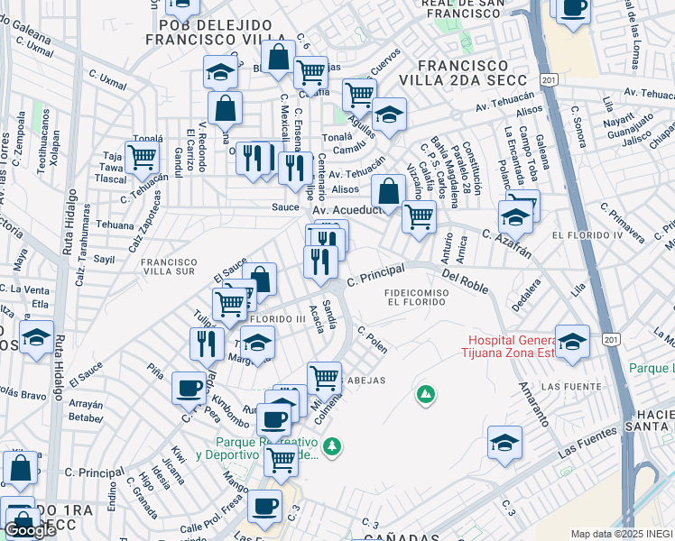 map of restaurants, bars, coffee shops, grocery stores, and more near 3 El Florido in Tijuana