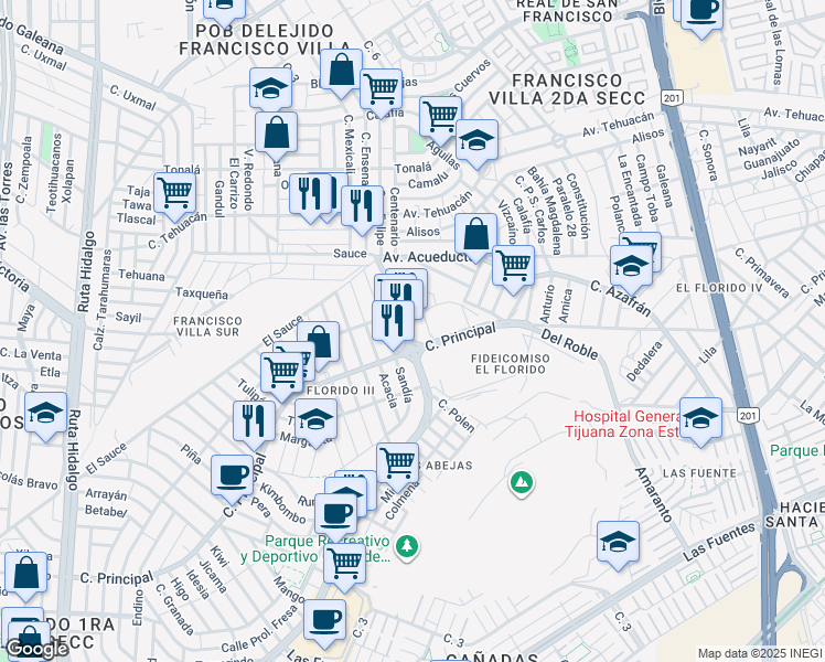 map of restaurants, bars, coffee shops, grocery stores, and more near 3 El Florido in Tijuana