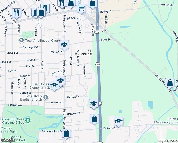 map of restaurants, bars, coffee shops, grocery stores, and more near 701-741 Deloach St in Monroe