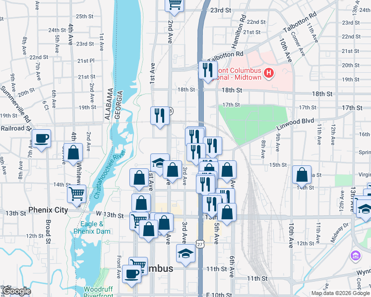 map of restaurants, bars, coffee shops, grocery stores, and more near 1526 3rd Avenue in Columbus