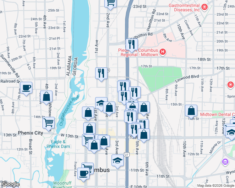 map of restaurants, bars, coffee shops, grocery stores, and more near 1526 3rd Avenue in Columbus