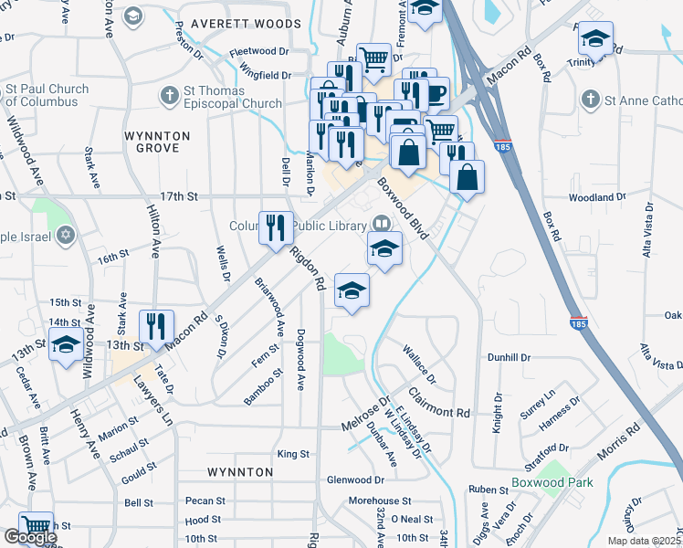 map of restaurants, bars, coffee shops, grocery stores, and more near 1358 Rigdon Road in Columbus