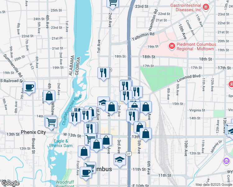 map of restaurants, bars, coffee shops, grocery stores, and more near 1527 3rd Avenue in Columbus