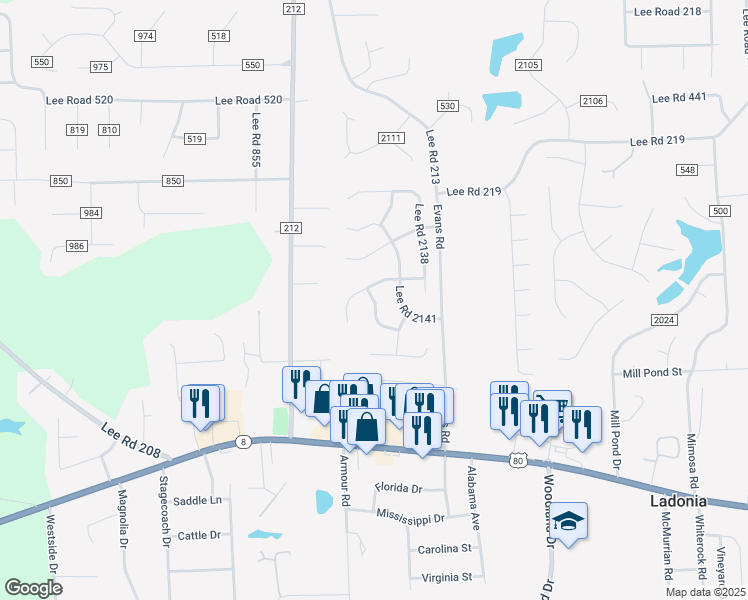 map of restaurants, bars, coffee shops, grocery stores, and more near 126 Lee Road 2143 in Phenix City