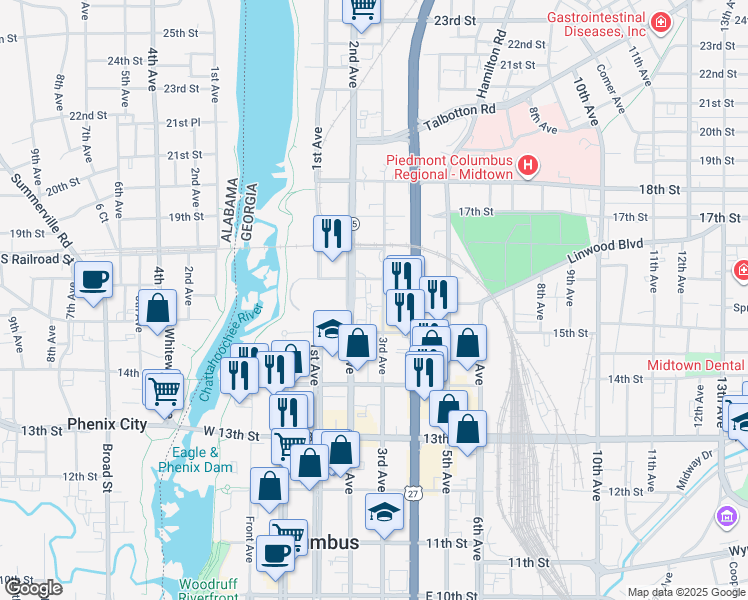 map of restaurants, bars, coffee shops, grocery stores, and more near 1527 3rd Avenue in Columbus