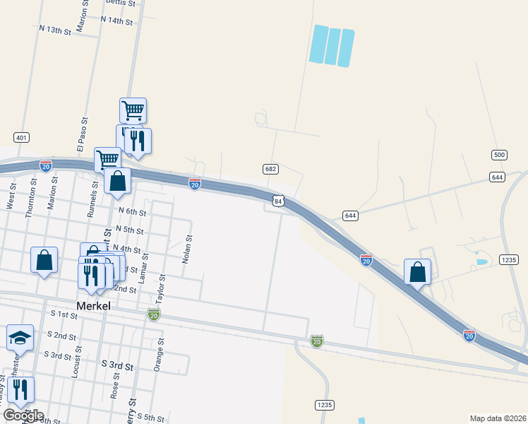 map of restaurants, bars, coffee shops, grocery stores, and more near 9693 Interstate 20 in Merkel