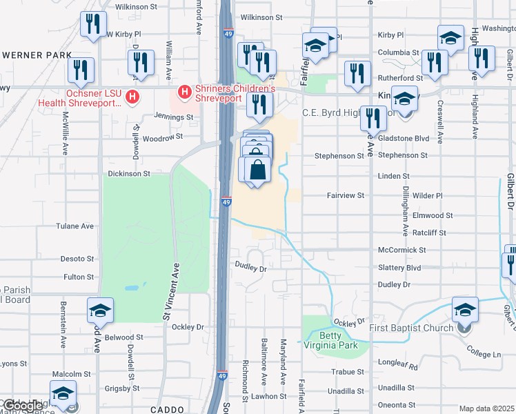 map of restaurants, bars, coffee shops, grocery stores, and more near 3601 Southern Avenue in Shreveport