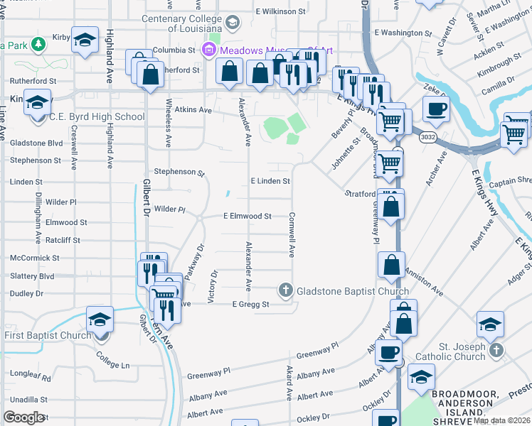 map of restaurants, bars, coffee shops, grocery stores, and more near 245 East Elmwood Street in Shreveport