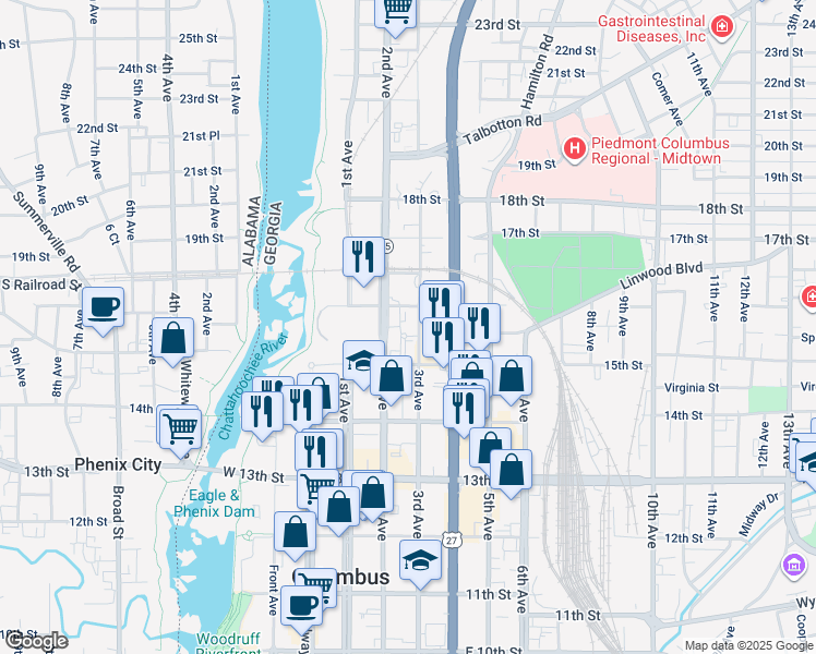 map of restaurants, bars, coffee shops, grocery stores, and more near 1531 3rd Avenue in Columbus